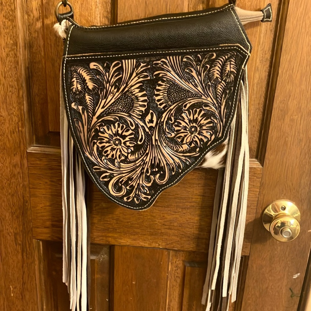 Myra Bag concealed carry adjustable Black and Tan Embossed Leather Shoulder Bag